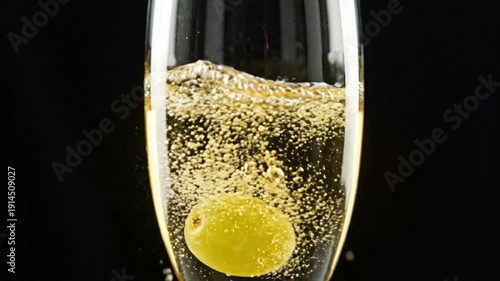 Sparkling champagne in a glass with bubbles and a lemon slice.