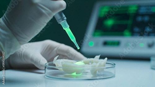 Scientist conducting laboratory experiment with green liquid and petri dish.