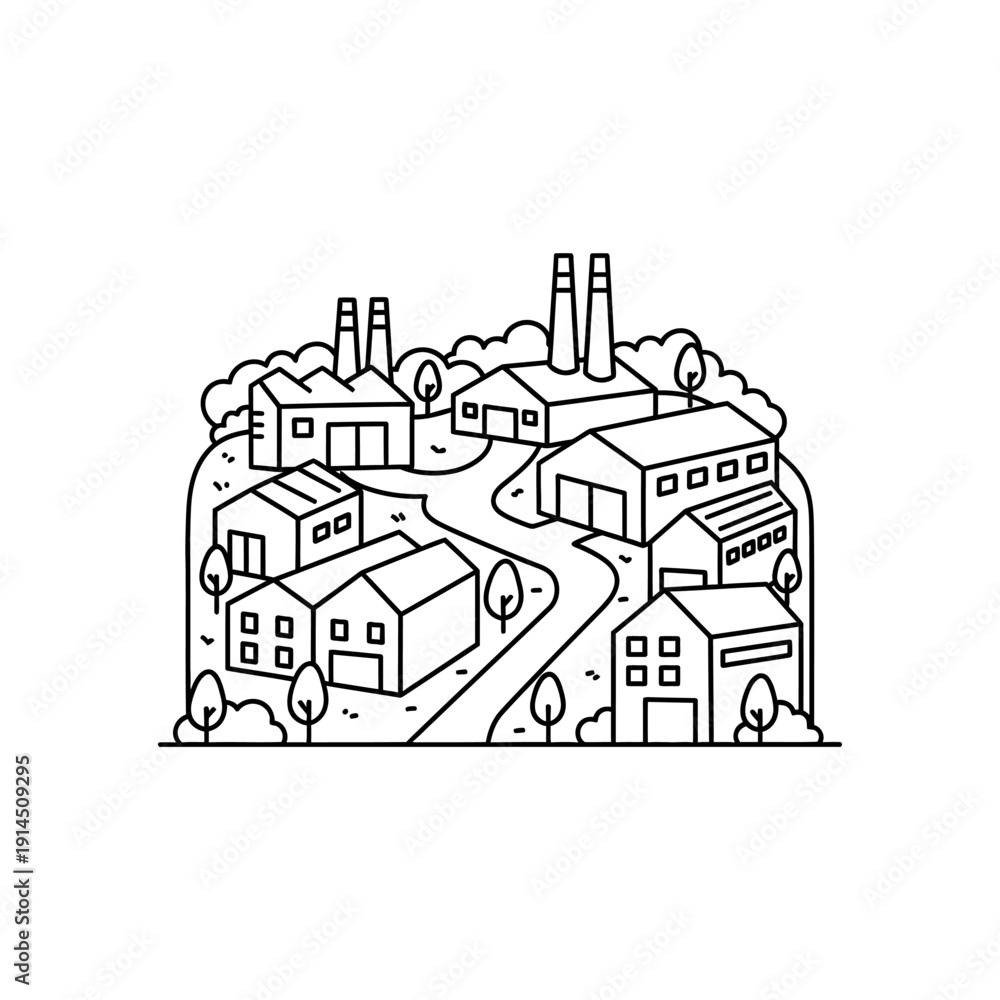 Naklejka premium Industrial Factory Landscape Illustration with Manufacturing Plants and Chimneys
