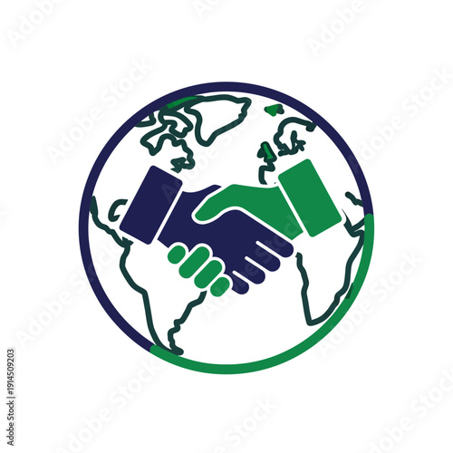 Global partnership and cooperation icon with handshake on world map, symbolizing unity and agreement for collective action toward a sustainable future