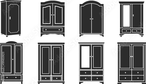 Vintage and Modern Wardrobe Closet Silhouette Collection with Wooden Cabinets, Armoires and Storage Furniture Isolated on White Background for Interior Design