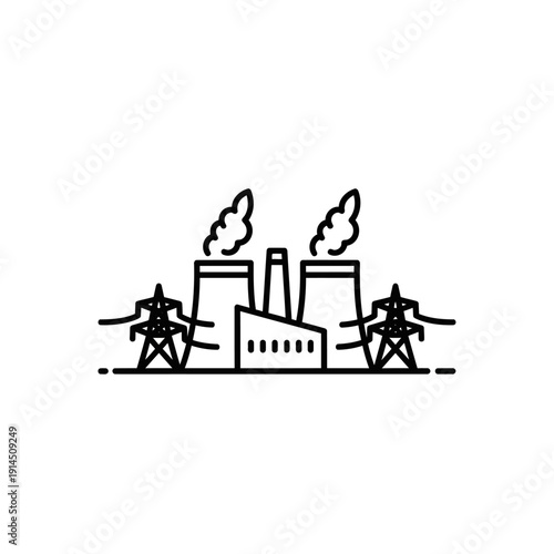 Industrial Power Plant with Smoke Emissions and Electrical Transmission Towers