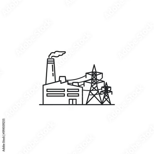 Industrial Power Plant with Tall Chimney and Transmission Towers in a Modern Energy Facility
