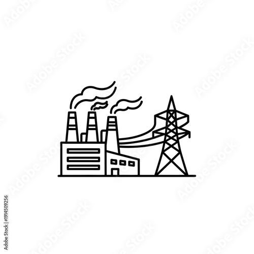Industrial Power Plant with Smokestacks and Energy Transmission Towers