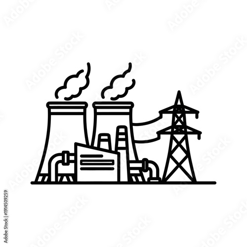 Industrial Power Plant with Smokestacks and Electrical Transmission Lines