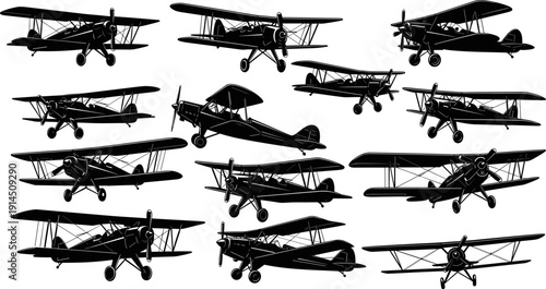 Vintage biplane aircraft silhouette collection featuring multiple angles and classic propeller airplanes for aviation history, retro flight design, military training concepts, 
