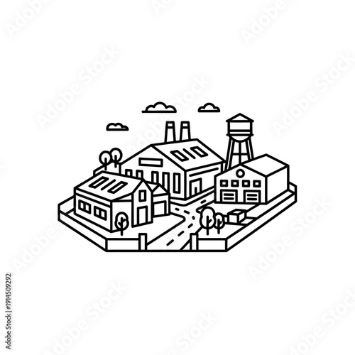 Isometric Illustration of Modern Industrial Park with Factory Buildings and Water Tower