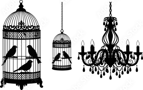 Vintage bird cages and ornate chandelier silhouettes illustration set, elegant decorative interior elements with birds, black vector design isolated on white background for classic decor themes