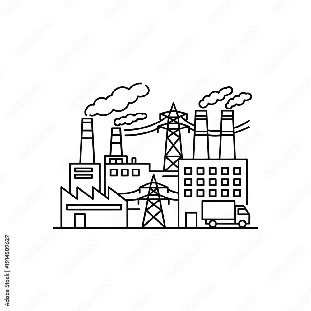 Naklejka premium Industrial Factory with Smoke Emissions and Power Lines in City Environment