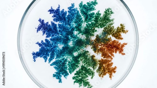 Colorful crystalline structures in a petri dish.