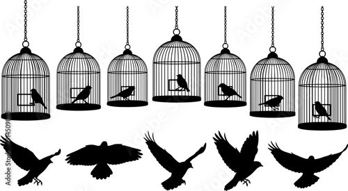 Vintage hanging birdcage silhouettes with birds and flying freedom symbols, decorative black vector illustration set for elegant nature, wildlife, and conceptual design projects