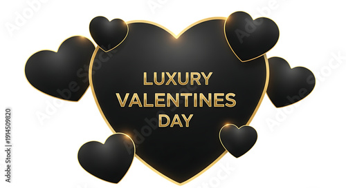 Luxury Valentine's Day Graphic with Elegant Black Hearts and Shimmering Gold Outlines on White Background