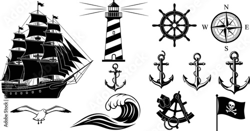Vintage nautical illustration set featuring sailing ship, lighthouse, compass, anchors, pirate flag, ship wheel and ocean elements, isolated black silhouettes for maritime design projects
