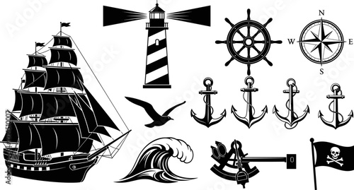 Vintage nautical silhouette collection with sailing ship, lighthouse, compass rose, anchors, ship wheel, waves and pirate flag, isolated maritime design elements for branding illustration