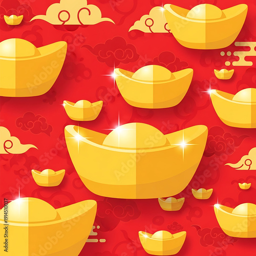 Golden ingots floating in red festive sky with clouds