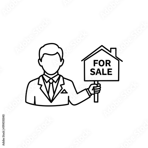 Real Estate Agent Holding For Sale Sign Outside House in Commercial Property Market