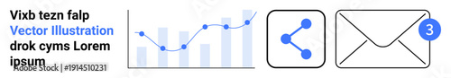 Data analysis, communication, notification, digital marketing, email updates, sharing tools. A graph, share icon and email with notification badge. Data analysis and communication concept