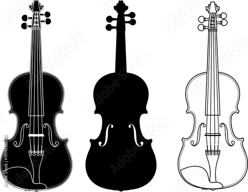 Violin silhouettes and outline illustrations featuring classical acoustic string instruments, black and white musical artwork isolated on white background for orchestra education and design projects