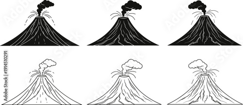 Volcano eruption silhouettes collection showing erupting mountains with lava, ash and smoke, black and white vector illustrations for geology, science, education and natural disaster design