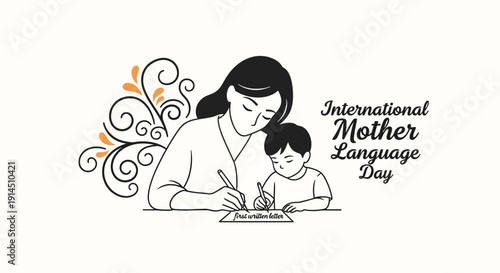 A mother and child engaged in writing on a paper with a stylized floral design on International Mother Language Day, conveying cultural identity and linguistic diversity.
