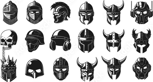 Warrior helmet illustration set featuring medieval, fantasy and sci-fi protective headgear designs, black vector armor icons collection isolated on white background for games and graphic design