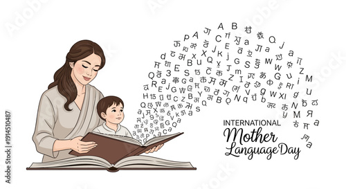 Vector illustration of a mother and child reading a book on International Mother Language Day with letters forming around them, symbolizing linguistic diversity and cultural heritage.