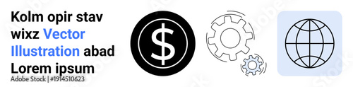 Global economy, technology development, business process, automation, finance, worldwide connection. Currency symbol, gears and globe illustration. Global economy and technology development concept