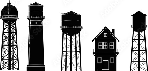 Water tower and lighthouse silhouette collection featuring industrial storage tanks and coastal buildings, black architectural landmarks isolated on white background for urban, rural, 