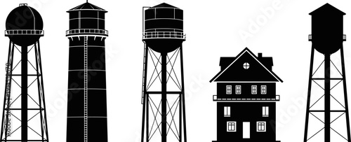 Water tower and building silhouettes set illustrating urban and rural infrastructure structures, black vector architecture icons isolated on white background for city planning and design concepts