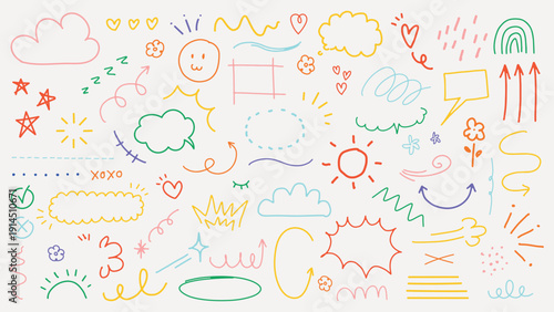 Colorful doodles of clouds, arrows, and stars. Playful clouds, vibrant arrows, and cheerful stars. Whimsical clouds, dynamic arrows, and lively stars. Colorful doodle elements, vector set.