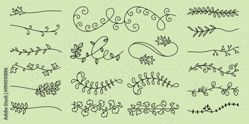 Vector set. Collection of decorative floral swirls and vines. Elegant floral designs with swirls and vines. Perfect for decorative projects needing floral accents. Hand drawn ornament vector set.