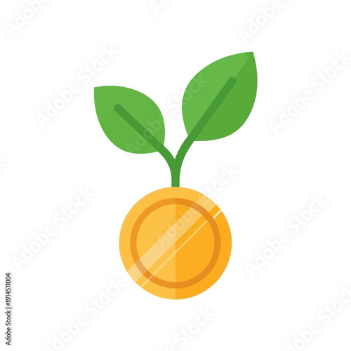 Illustrative icon depicting a golden coin with green leaves sprouting, symbolizing financial growth, investment, savings, and the concept of money developing into prosperity and sustainable wealth