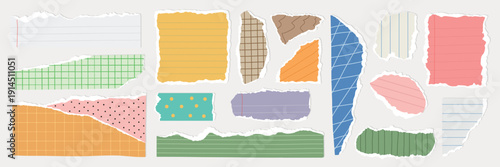 A collection of colorful torn paper scraps with various patterns like stripes, polka dots, and grids. Torn paper pieces in different shapes and colors. Colorful patterned element vector set.