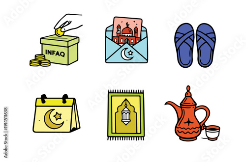 A set of Ramadan lifestyle vector icons featuring infaq donation box, Eid greeting envelope, sandals, Islamic calendar, prayer mat, and traditional tea pot. 