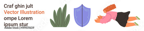 Protection, nature, personal safety, defense, eco-consciousness, freedom. A woman flies toward a shield beside green foliage. Protection and personal safety concept interwoven with nature