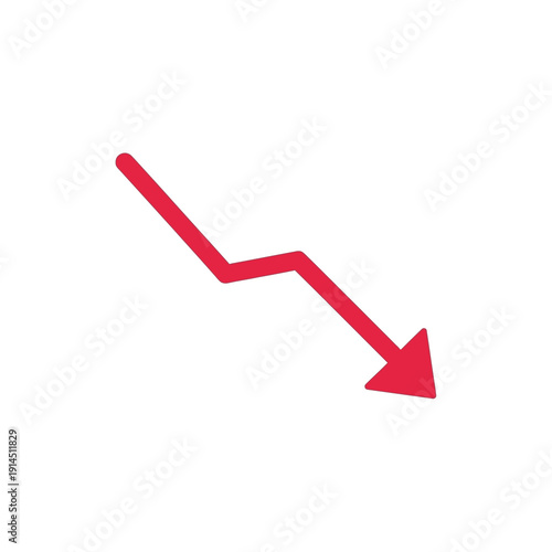 Conceptual illustration of a red downward trending zigzag arrow indicating financial losses, market decline, economic recession, or a general negative statistical trend in business and data analysis