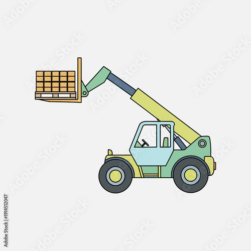 Pastel Telescopic Handler Forklift Lifting Palletized Cargo. Flat Design Icon of Heavy Construction and Logistics Equipment Vehicle.