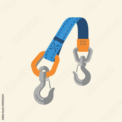 Heavy Duty Towing Strap and Recovery Hook Assembly Flat Vector Icon Illustration