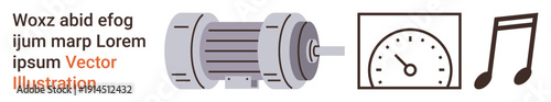 Engineering, performance tracking, creativity, technology, music, art. Electric motor, speedometer gauge and musical note icons. Engineering and performance tracking in a visual form