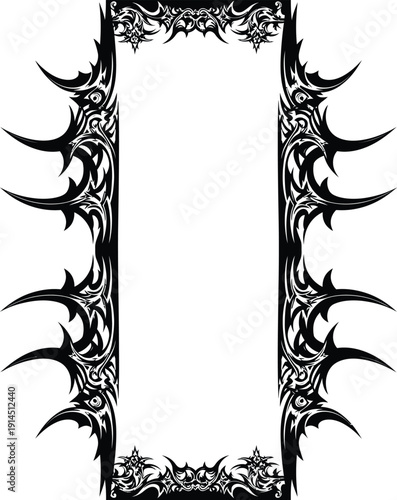 A black and white ornate frame with thorn-like designs on a plain white background.