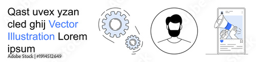 Marketing strategies, technology integration, social media communication, user identity, content creation, innovation. Gears, a beard profile and a megaphone on a phone. Marketing strategies