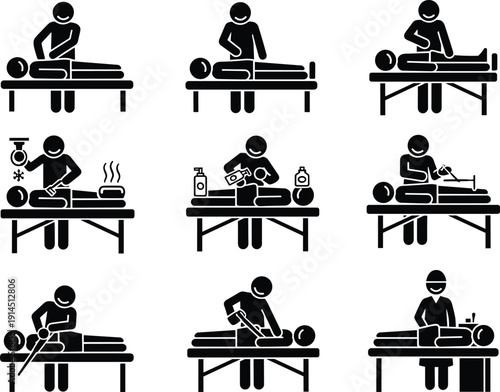 Massage therapy and physiotherapy silhouettes set, body treatment spa icons, professional therapist wellness black stick figure vector illustration collection