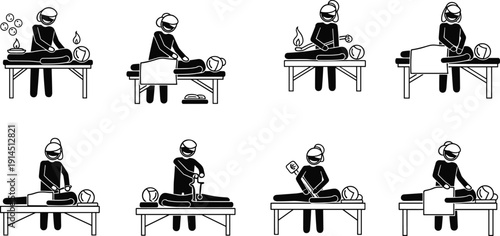 Massage therapy and spa treatment icons set, body relaxation wellness silhouette collection, physiotherapy massage vector pictogram illustration design bundle