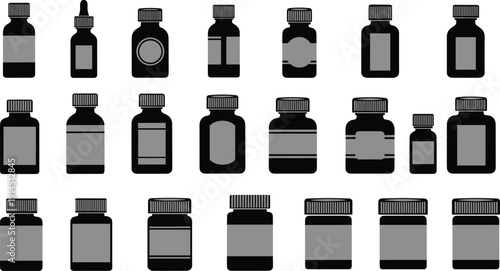 Medicine bottle icon set pharmaceutical container silhouette with dropper pill jar medical packaging vector illustration healthcare pharmacy product collection