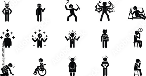 Mental health emotion and stress silhouette icon set, psychological behavior concepts, anxiety depression burnout symbols, black white vector illustration bundle