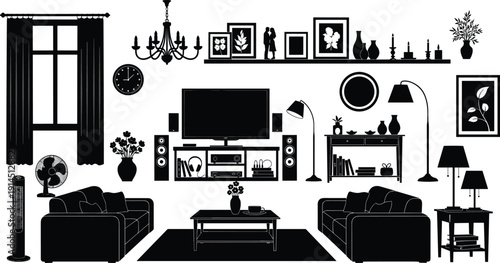 Modern living room interior silhouette, black and white home decor illustration, cozy furniture setup, minimalist lounge design vector artwork style