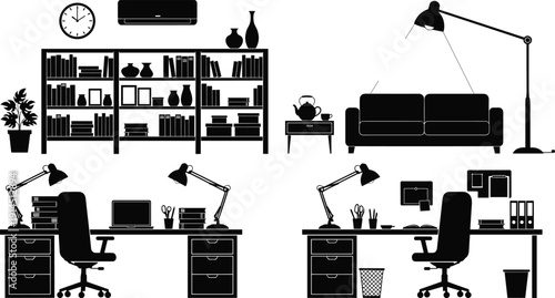 Modern living room workspace interior silhouette, home office furniture set, minimalist black white vector illustration, cozy apartment decor scene design