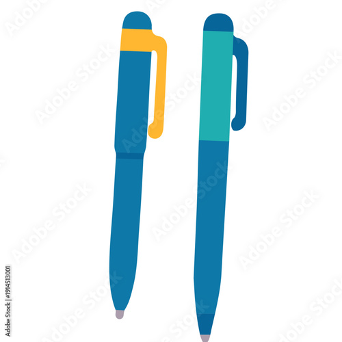 Blue pens for school writing, student note-taking, classroom assignments, educational materials, academic work, and essential stationery supplies with simple flat design illustration style.