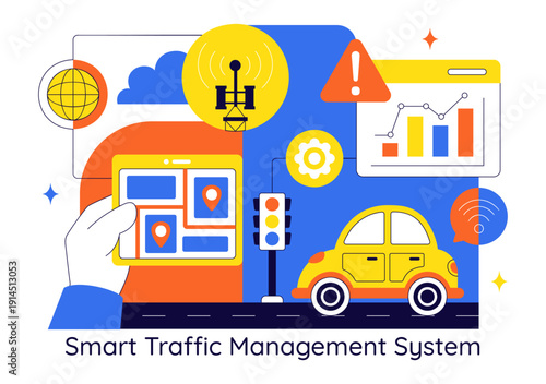 Smart Traffic Management System Technology Illustration Featuring Urban Infrastructure Network And Digital Transportation In a Modern Background
