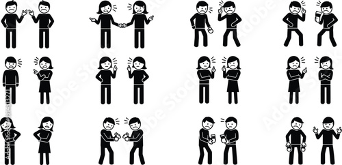 People arguing and conflict emotion silhouette icons, disagreement gestures and communication problems scenes, black white vector illustration collection set bundle